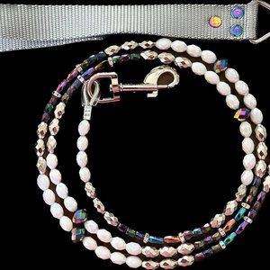 Dog Leash - Boujee Beaded - Dark Opalescence & White, Silver Beads - Handmade
